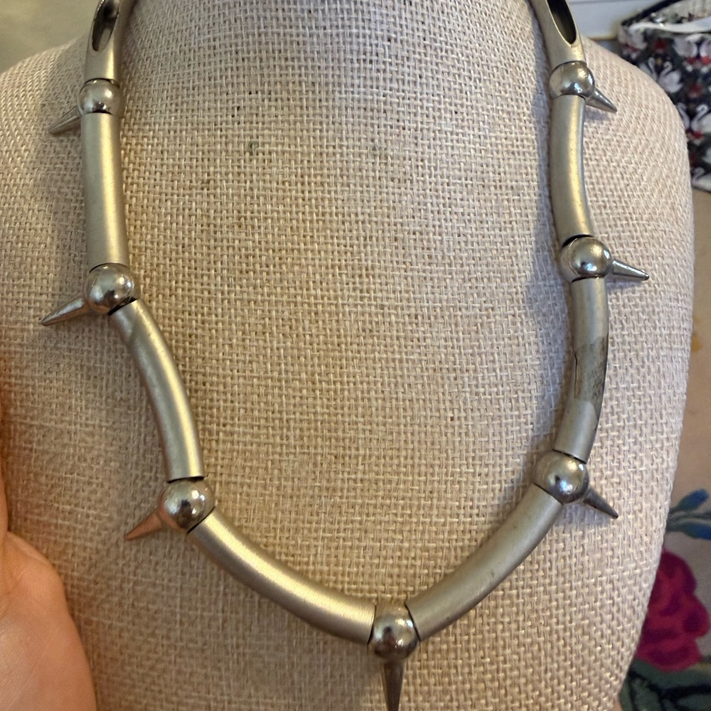 Vintage‎ Industrial Spike Choker Necklace Matte Silver Tone Punk Goth 16 Inch